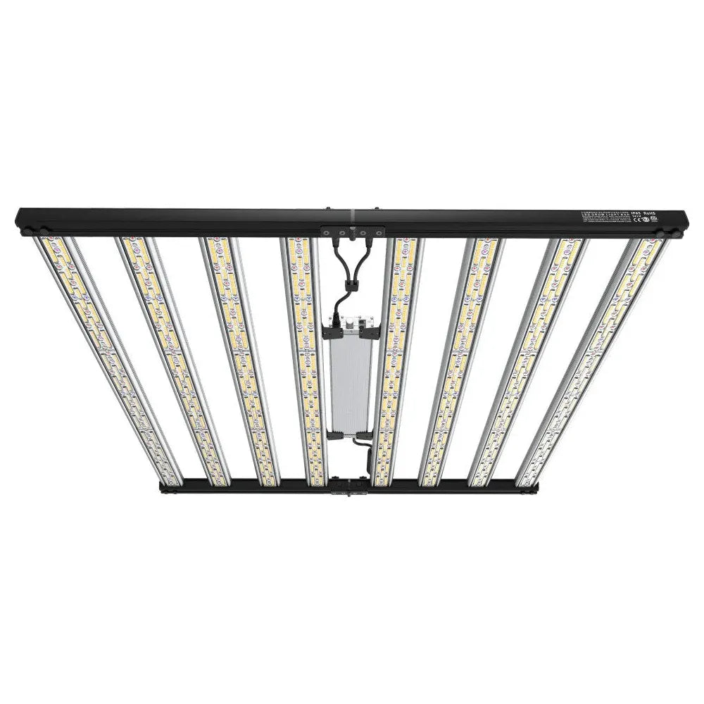 HortiBloom Mega Optic 800W full spectrum LED grow light, black frame, with multiple illuminated bars.