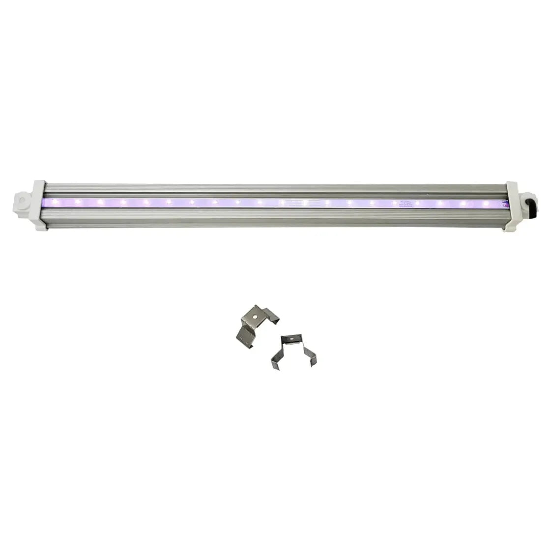 HLG-30 UVA supplement bar LED grow light. Silver aluminum housing with glowing purple LEDs & mounting clips.