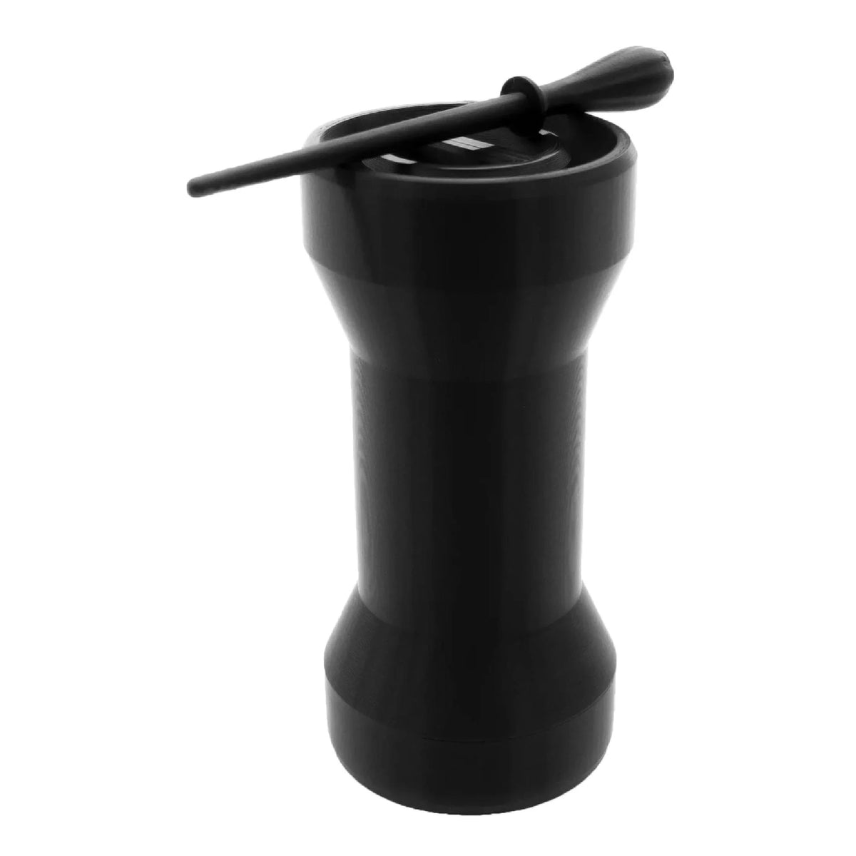 Black Humboldt 109mm King Cone filling machine cartridge, hourglass-shaped, with tamping tool.