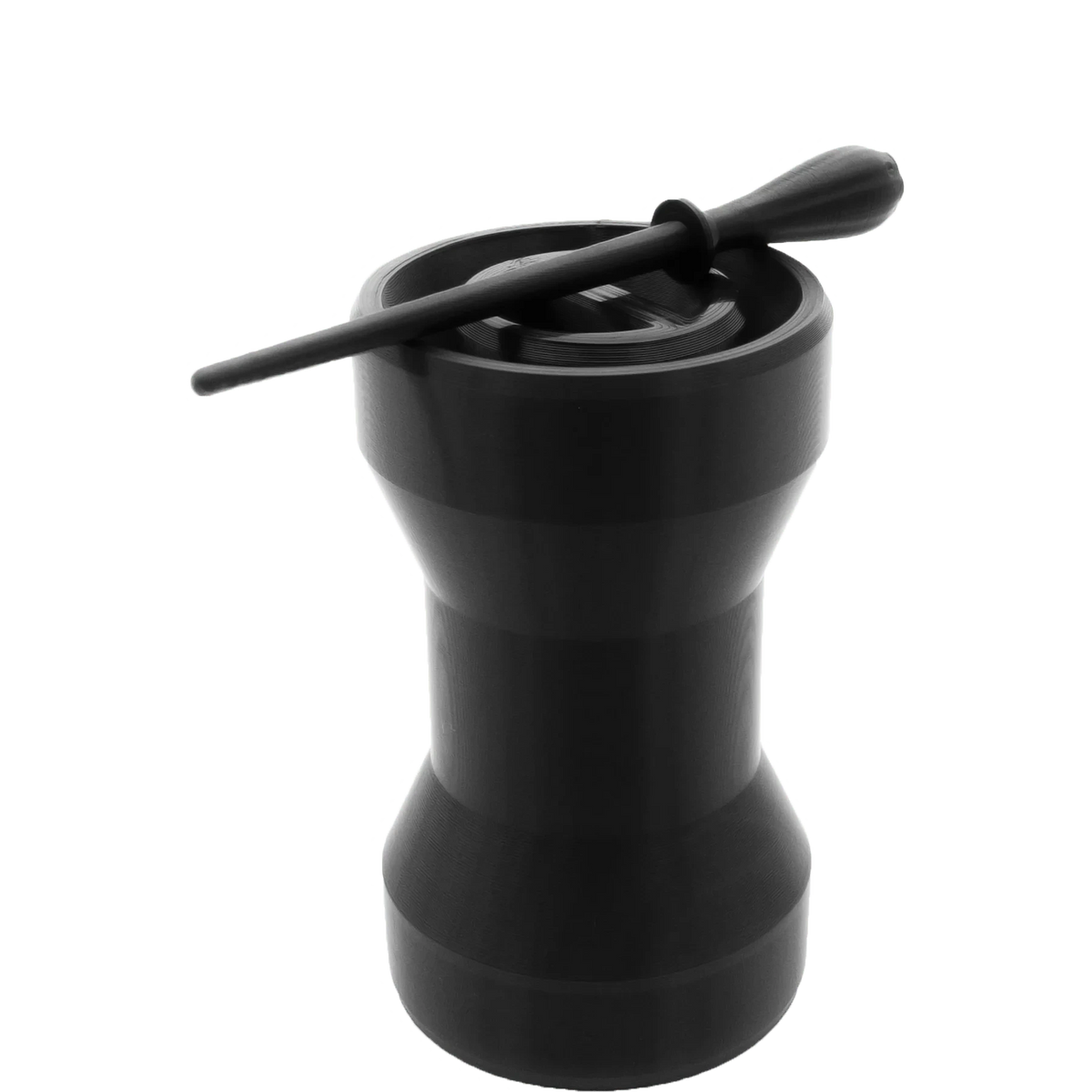 Black hourglass-shaped cone filling machine cartridge with a black rod on top, isolated on white.