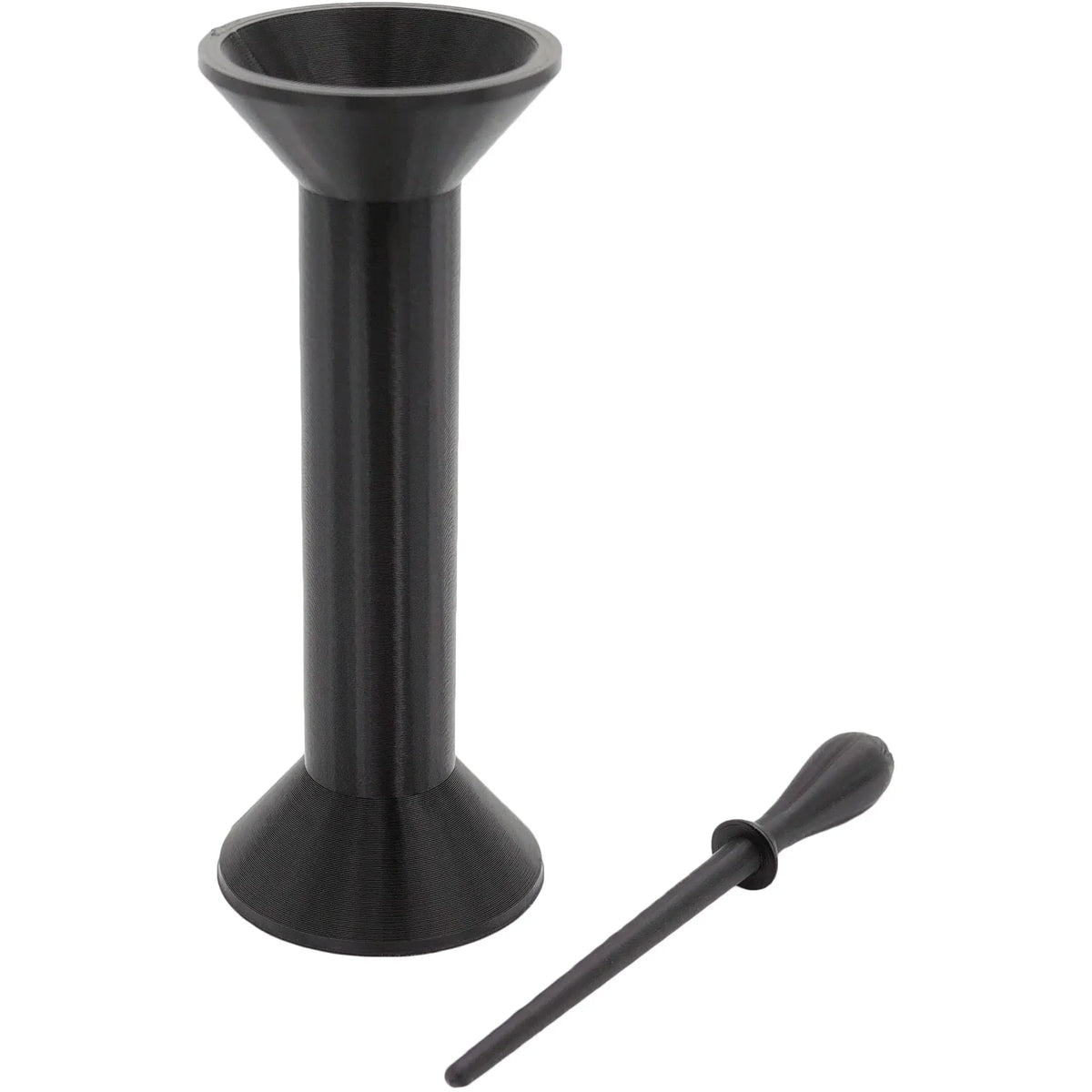 Black 3D printed 109mm King Cone single cone filler with flared ends and a tamping tool on white.