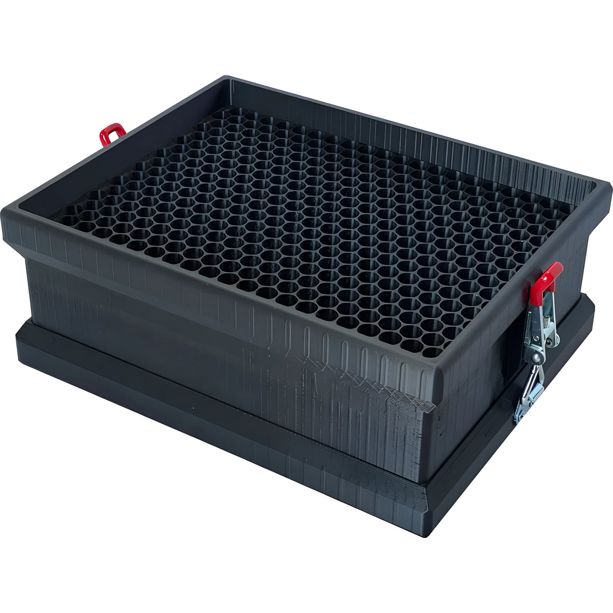 Humboldt 300 series cone filling cartridge, dark gray, with honeycomb grid, red handle, and side clamp.