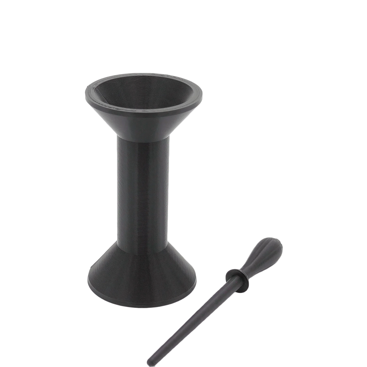 Black 70mm dogwalker cone filler stand and tamping tool on a white background.
