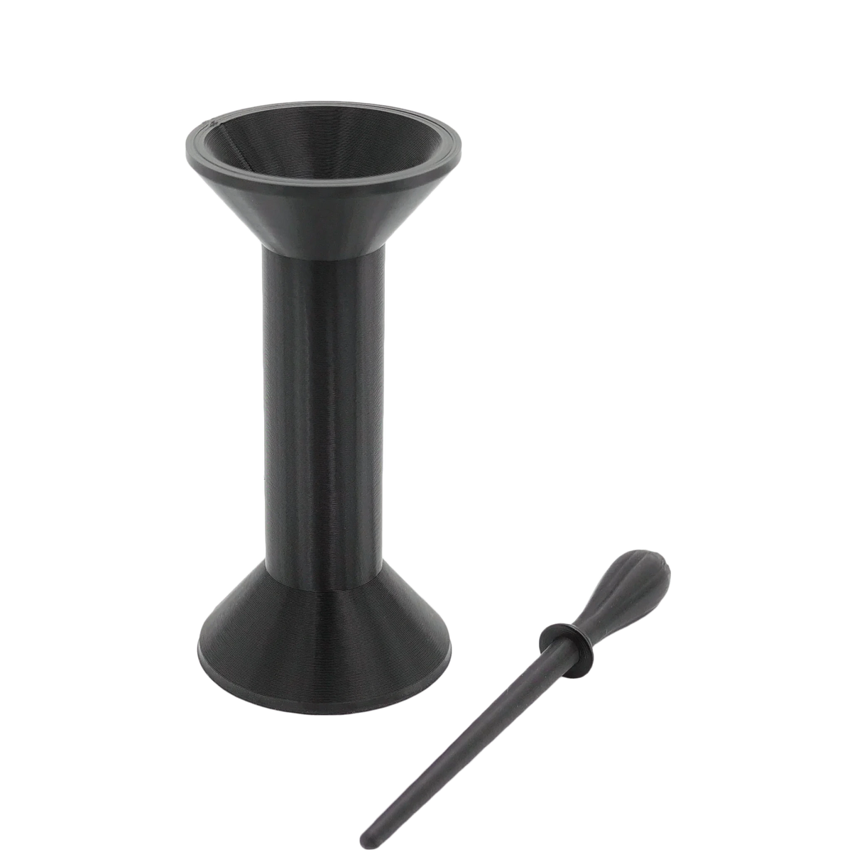 Black 84mm single cone filler with funnel top and cylindrical stand, and a matching tamping tool, on a white background.