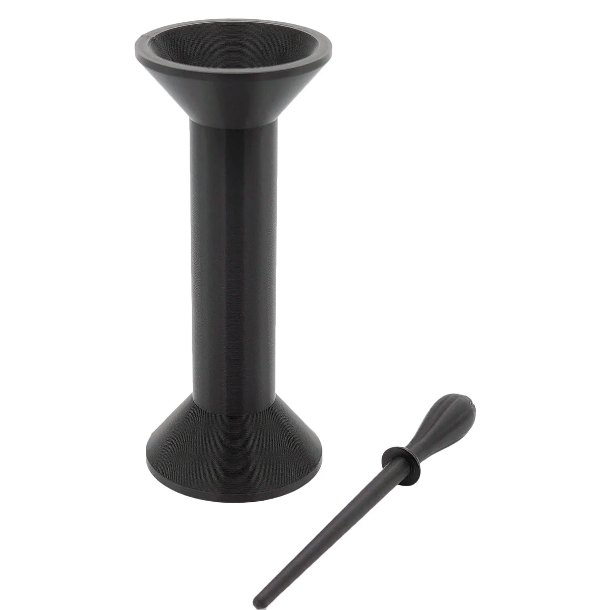 Dark gray textured plastic cone-shaped stand with a flared top and base, and a separate tamping tool, on white.