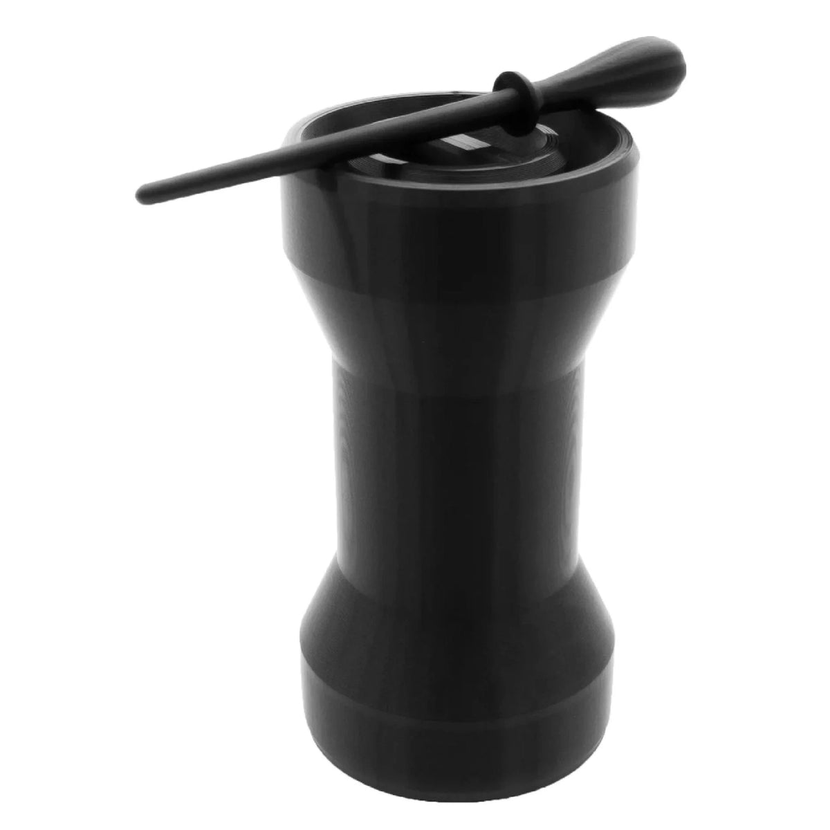 Black Humboldt 98mm classic cone-filling machine cartridge with a black tamper resting on top.