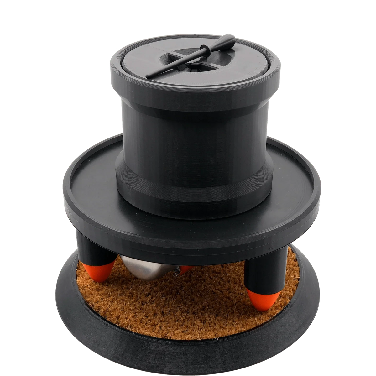 Black 98mm slim cone filling machine starter kit with T-handle lid, orange-tipped legs, and brown mat.