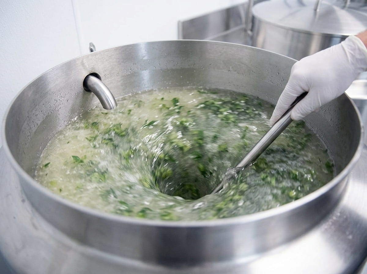 A person in a white glove stirs a swirling vortex of green flecks in a large stainless steel pot.