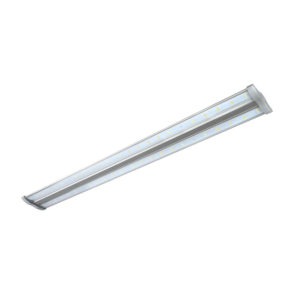 Silver linear LED grow light with two parallel rows of bright white LEDs, ideal for vegetative plant growth.