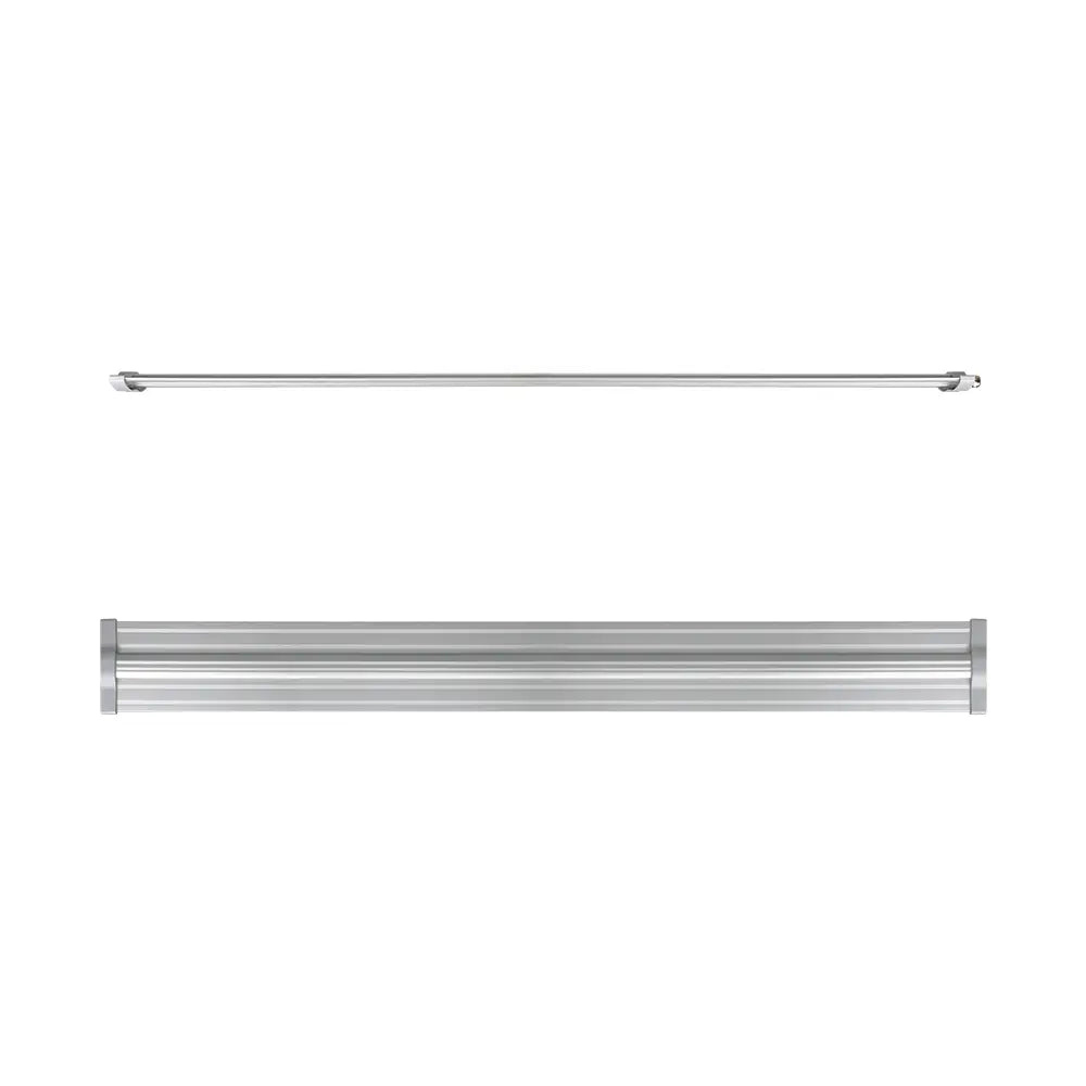 Two silver linear LED grow lights on white. A slender rod light above a wider, ribbed rectangular light.