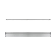 Two silver linear LED grow lights on white. A slender rod light above a wider, ribbed rectangular light.