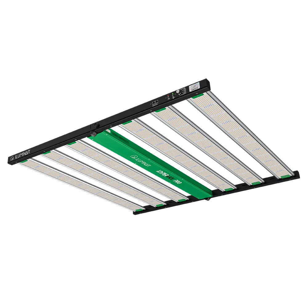 Iluminar Hypermol Pro 1450W full spectrum LED grow light, black frame, green bar, multiple white LED strips.