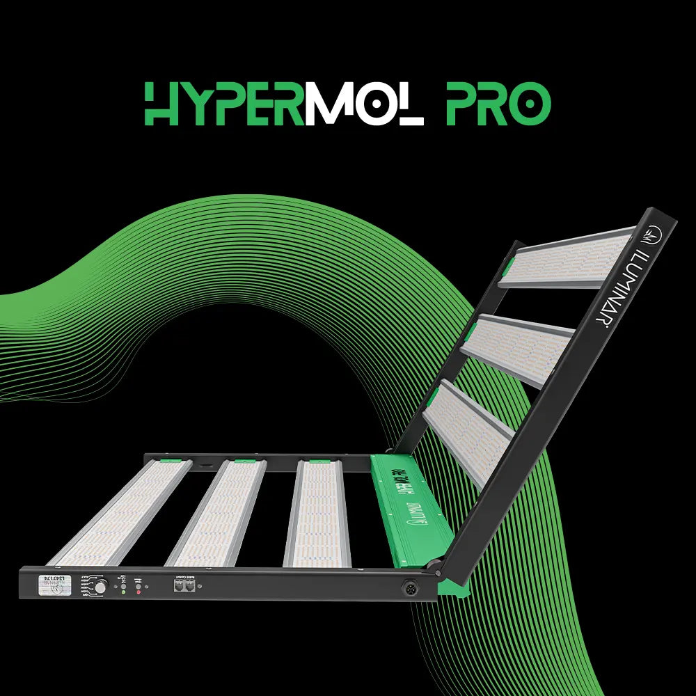 Black ILUMINAR HYPERMOL PRO LED grow light with multiple white light bars, green accents, on a black and wavy green background.