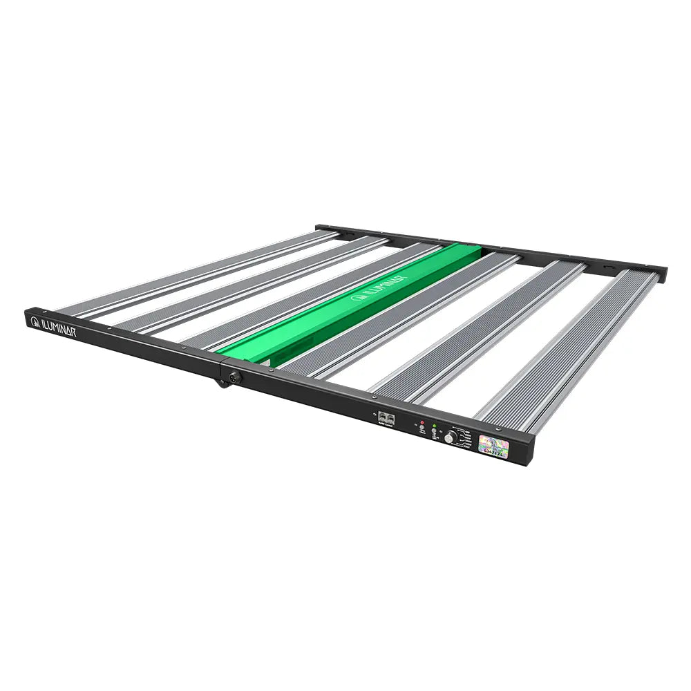 Iluminar Hypermol Pro 1450W full spectrum LED grow light with a green center bar and multiple grey LED strips.