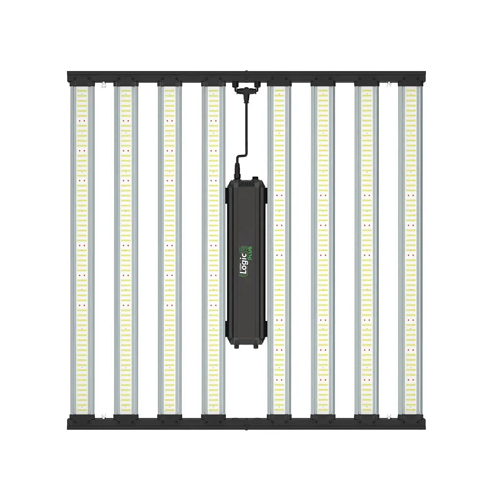 Black Iluminar iLogic FS Plus 1030W full-spectrum LED grow light with 10 vertical bars and central power unit.
