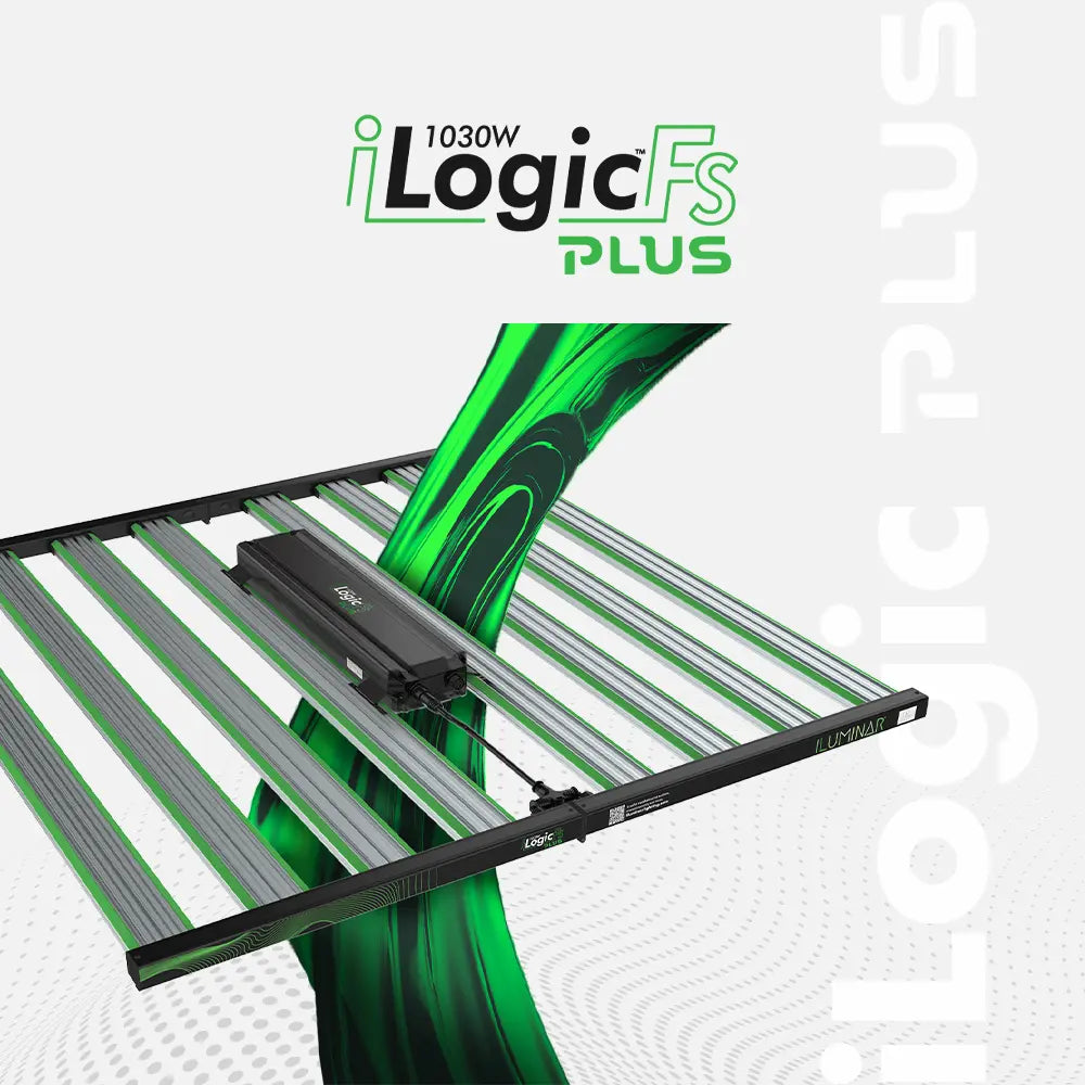 Iluminar iLogicFs PLUS 1030W full spectrum LED grow light with green accents & swirling graphic.