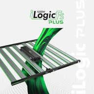 Iluminar iLogicFs PLUS 1030W full spectrum LED grow light with green accents & swirling graphic.