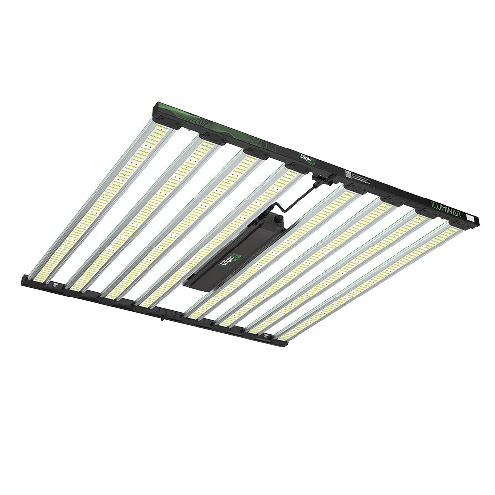 Iluminar iLogic FS Plus 1030W full-spectrum LED grow light with black frame and multiple illuminated bars.