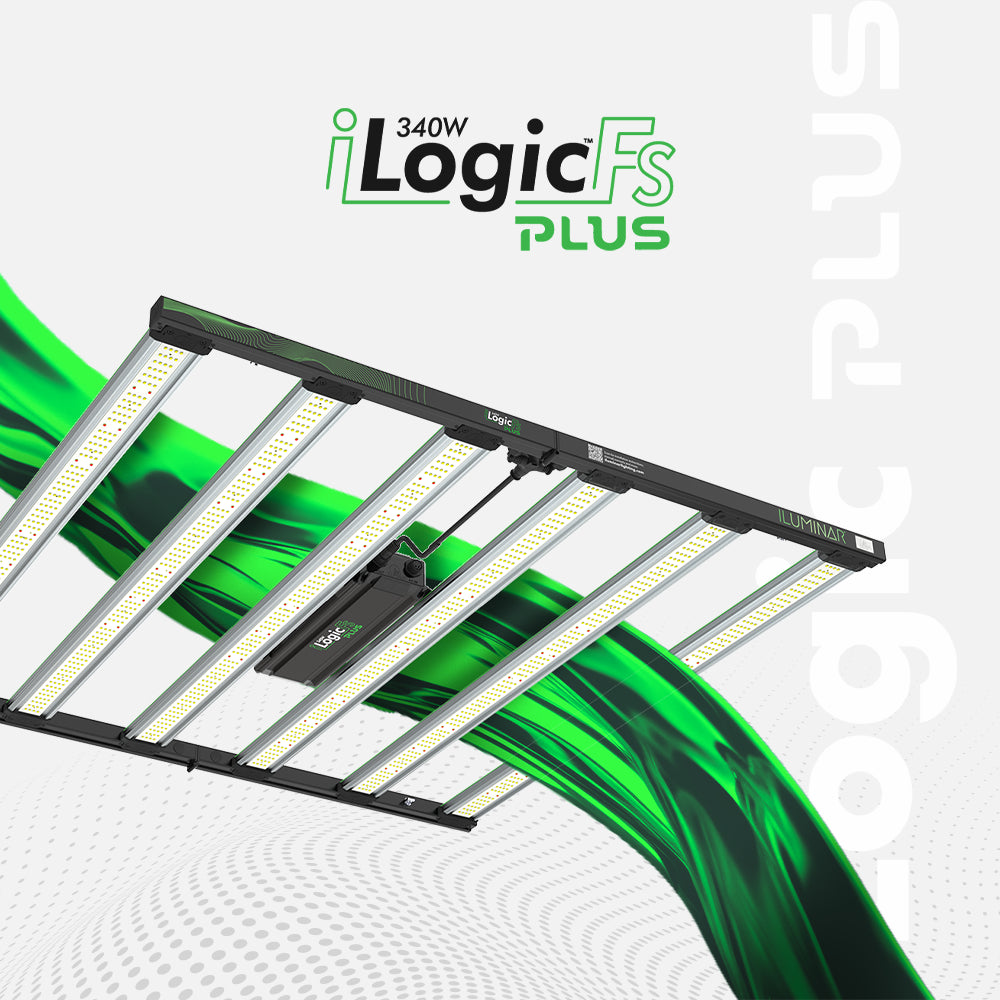 Iluminar iLogic Fs Plus 340W full spectrum LED grow light. Multi-bar fixture with bright LEDs and green accents.