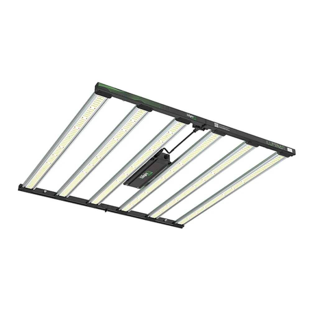 Full spectrum LED grow light with multiple light bars, black frame, and central driver, showing ILUMINAR iLogic branding.