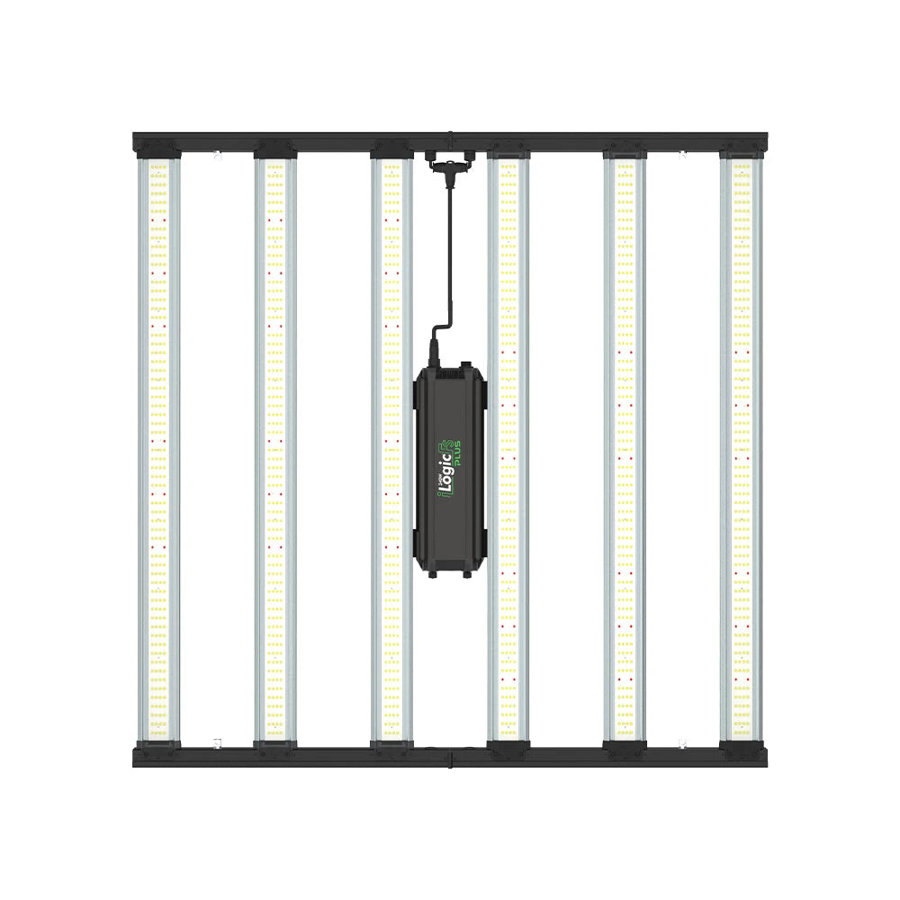 Iluminar iLogic FS Plus full spectrum LED grow light. Black frame, 8 bright vertical light bars, central driver.