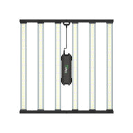Iluminar iLogic FS Plus full spectrum LED grow light. Black frame, 8 bright vertical light bars, central driver.