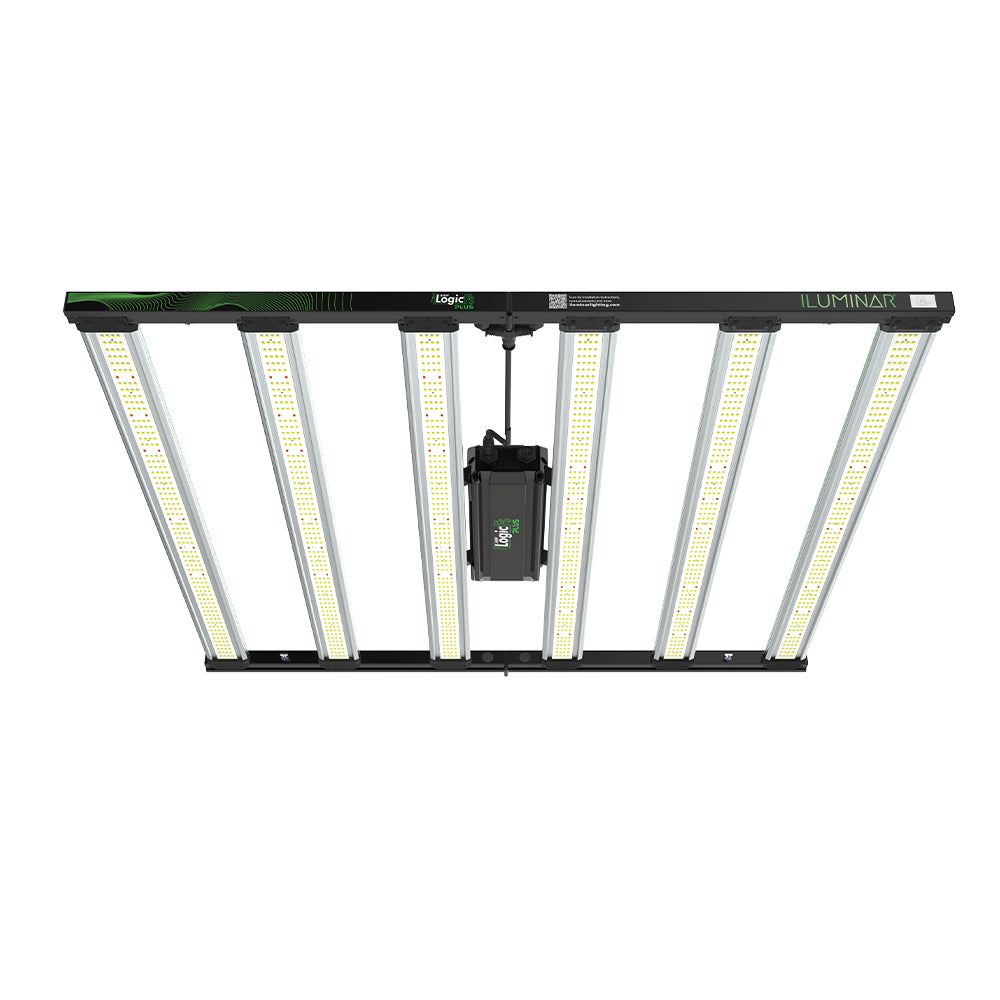 ILUMINAR Logic Plus full spectrum LED grow light. Black frame with 8 bright light bars and central driver.