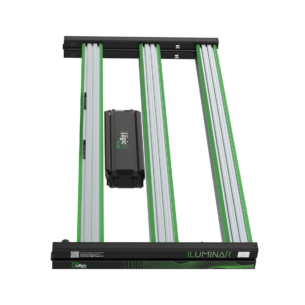 ILUMINAR iLogic Plus 340W full spectrum LED grow light with black frame, driver, and green-accented light bars.