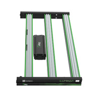 ILUMINAR iLogic Plus 340W full spectrum LED grow light with black frame, driver, and green-accented light bars.