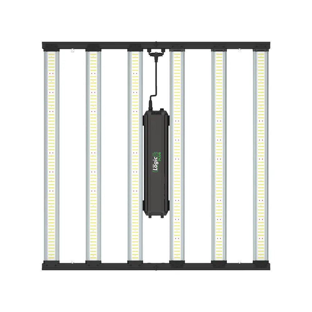 Iluminar iLogic FS Plus 630W LED grow light with eight vertical warm white LED bars & central black control box.