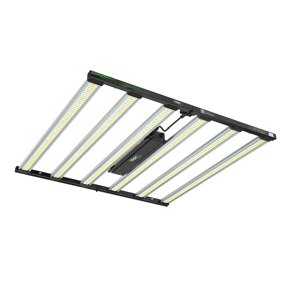 ILUMINAR Logic Plus FS-630W full spectrum LED grow light fixture, black frame, six illuminated bars.