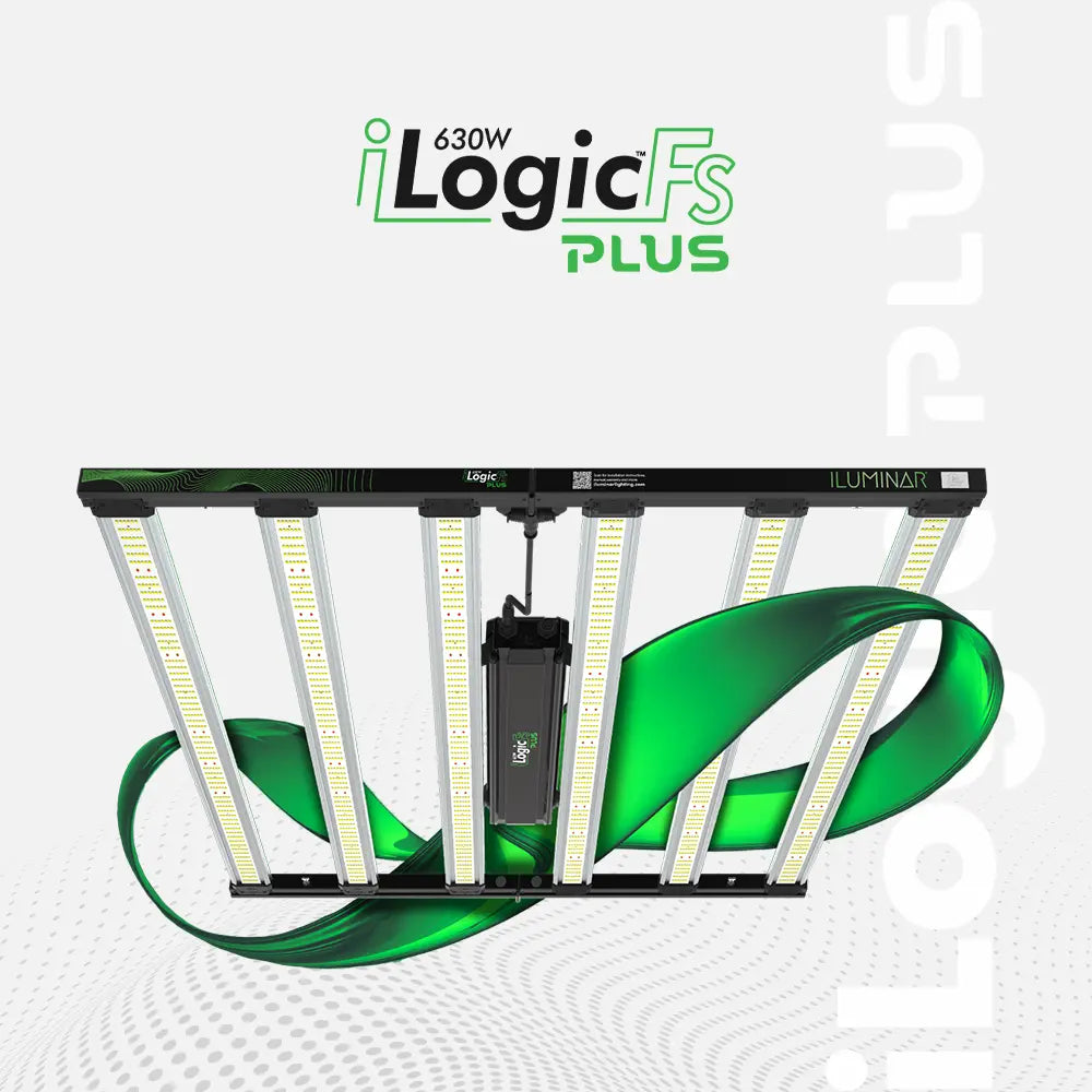 ILUMINAR iLogic Fs PLUS 630W full-spectrum LED grow light with six bars and green ribbon design.