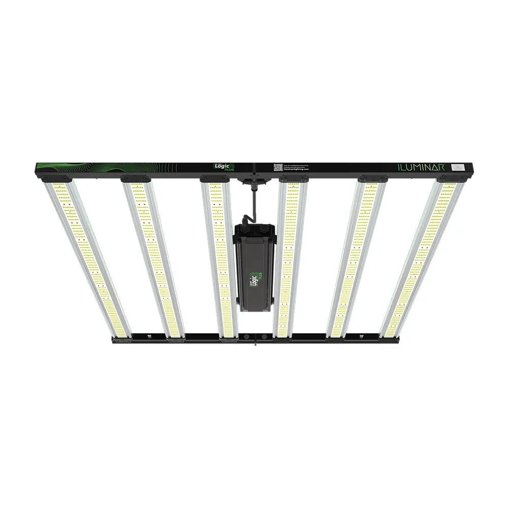 ILUMINAR iLogic FS Plus 630W full spectrum LED grow light with 8 light bars and a black frame with green accents.