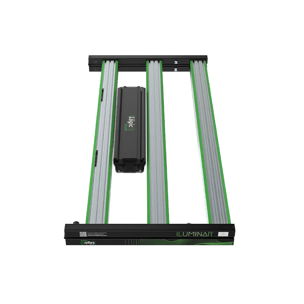 Iluminar iLogic FS Plus 630W full spectrum LED grow light, black with green accents and multiple light bars.