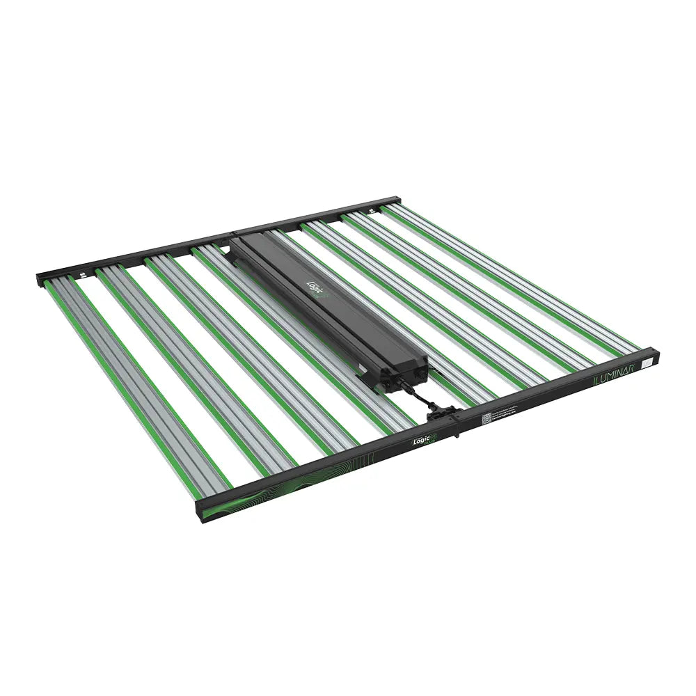 Iluminar iLogic MS Plus 1050W full spectrum LED grow light with green and silver light bars and black central driver.