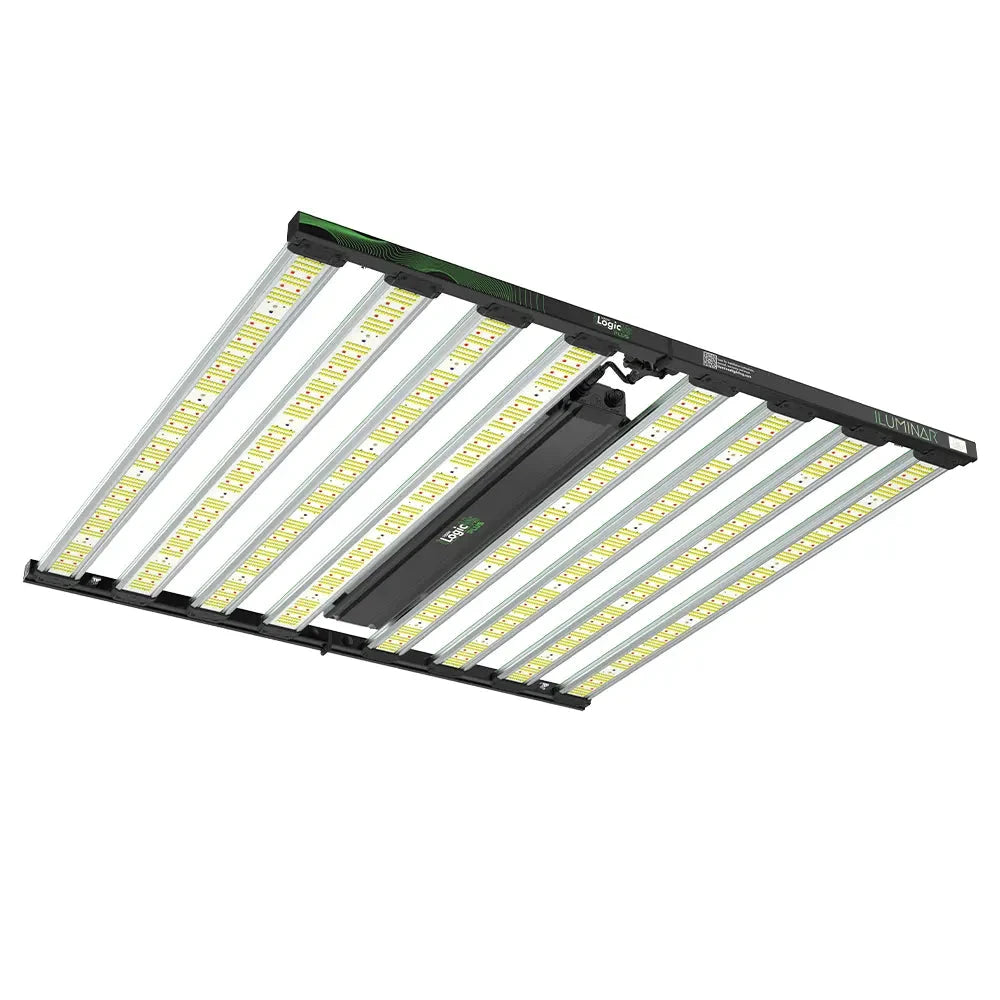 Black Iluminar Logic Plus 1050W full spectrum LED grow light showing 8 parallel bars of bright yellow LEDs.