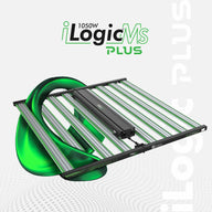 1050W iLogicMs PLUS ILUMINAR full spectrum LED grow light fixture on a green abstract background with logos.