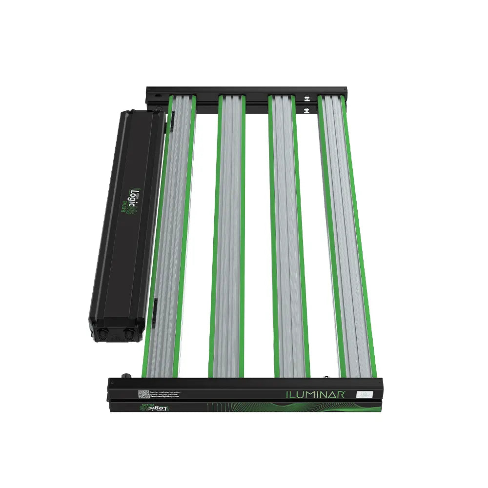Iluminar iLogic MS Plus 1050W LED grow light. Black frame, four vertical bars with green edges, side driver.