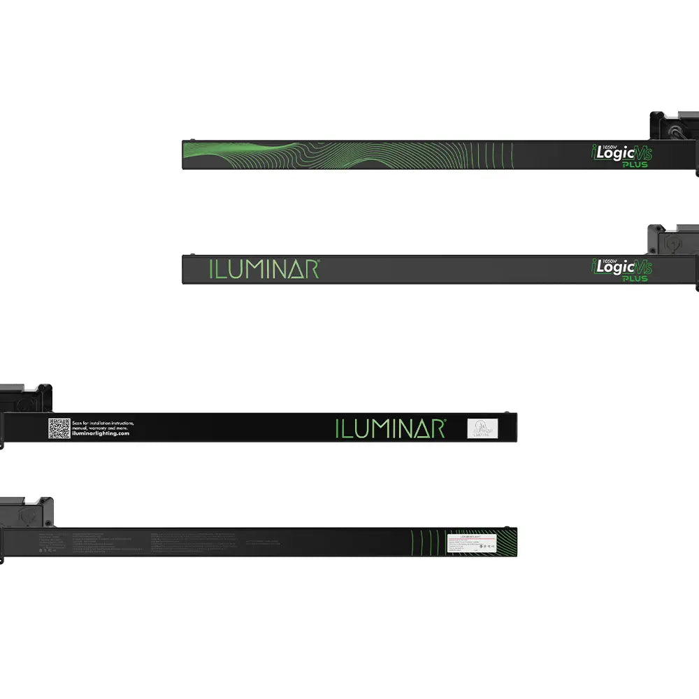 Multiple dark grey Iluminar iLogic MS PLUS 1050w LED grow lights with green text and a wavy design.