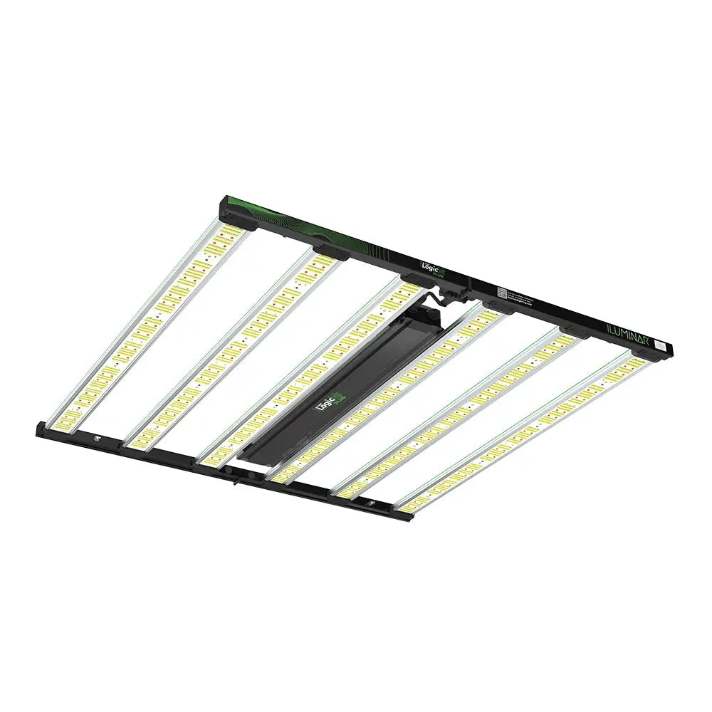 Black and green ILUMINAR Logic Plus full spectrum LED grow light with several bright yellow LED bars, angled view.