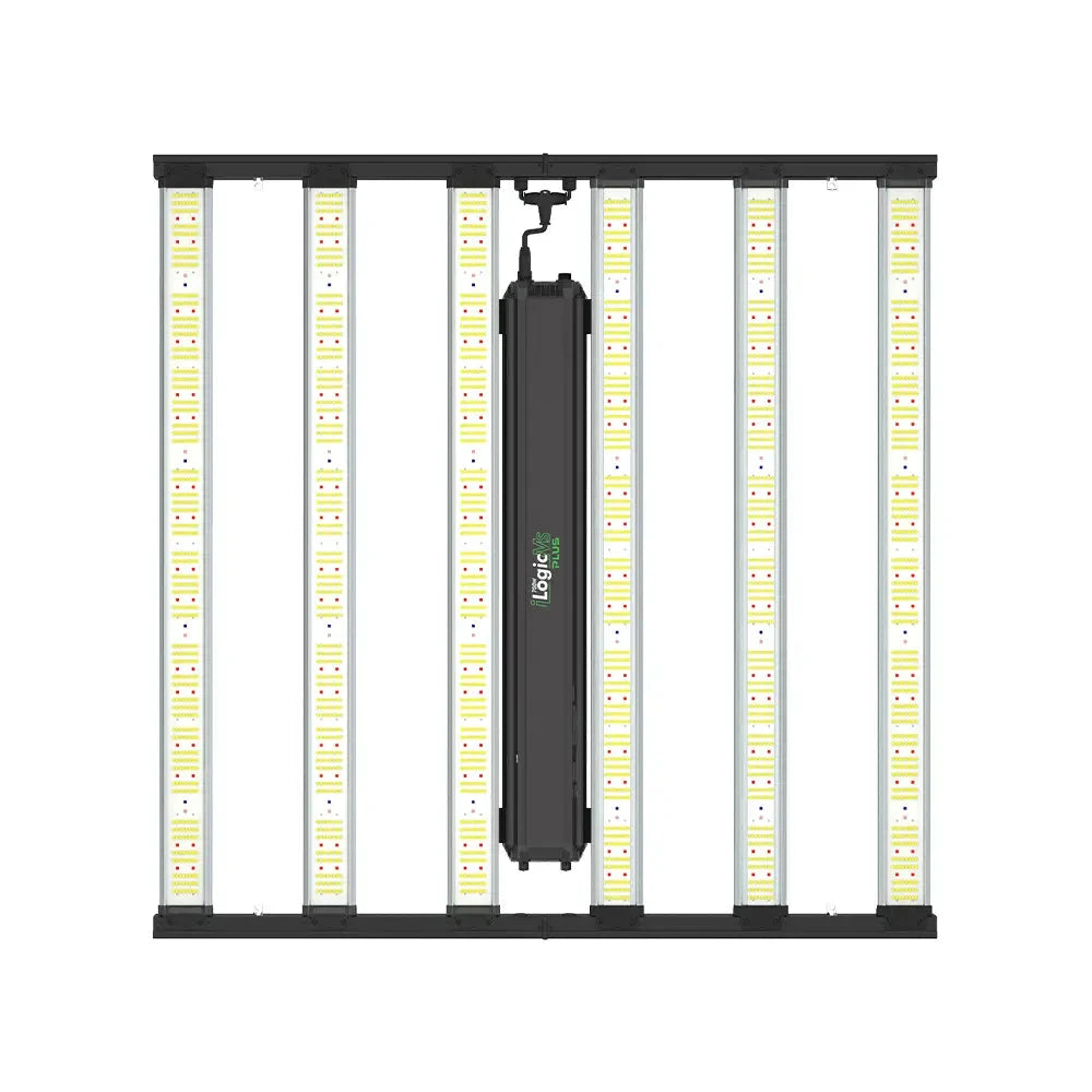 Iluminar Logic Plus 700W full spectrum LED grow light. Black framed fixture with multiple bright light bars.