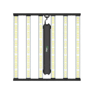 Iluminar Logic Plus 700W full spectrum LED grow light. Black framed fixture with multiple bright light bars.