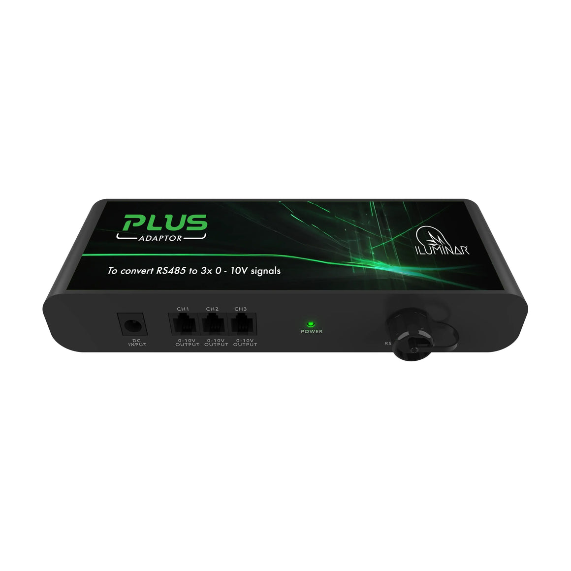 Black ILUMINAR iLOGIC PLUS ADAPTOR converts RS485 to 3x 0-10V signals, with DC input, 3 RJ45 outputs, and RS terminal.