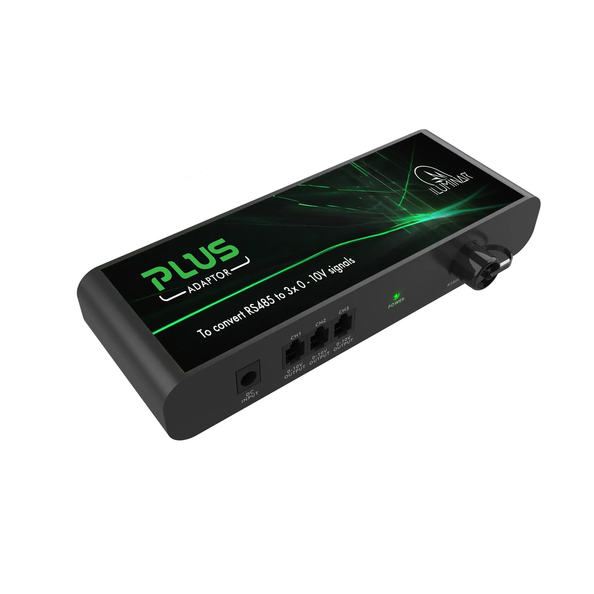ILUMINAR PLUS ADAPTOR, a dark grey electronic device with green text, converts RS485 to 3x 0-10V signals for lighting control. Features DC input, three RJ45 0-10V outputs, RS485 rotary switch, and power LED.