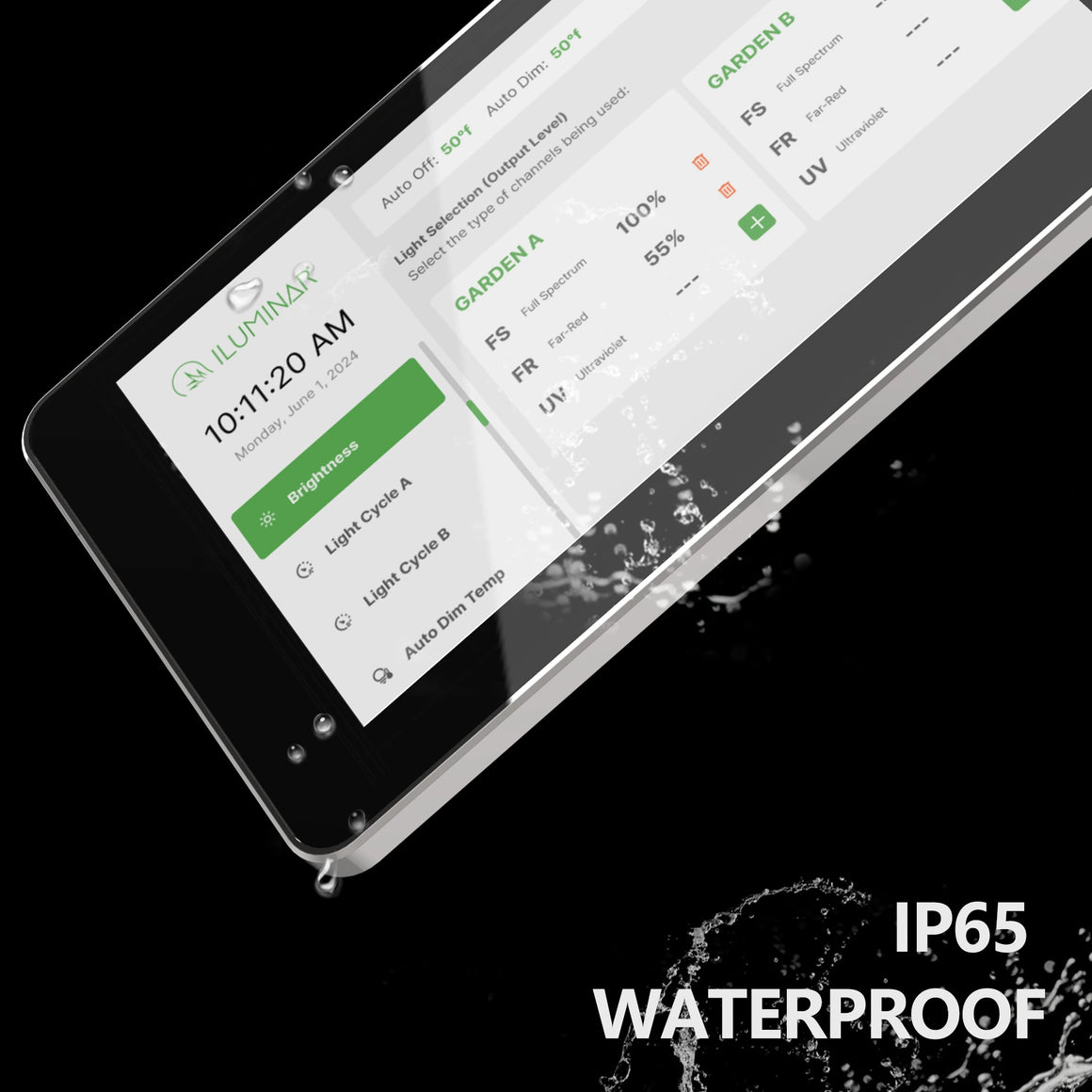 IP65 waterproof ILUMINAR tablet showing lighting controls for Garden A & B, with Full Spectrum, Far-Red, and UV settings.
