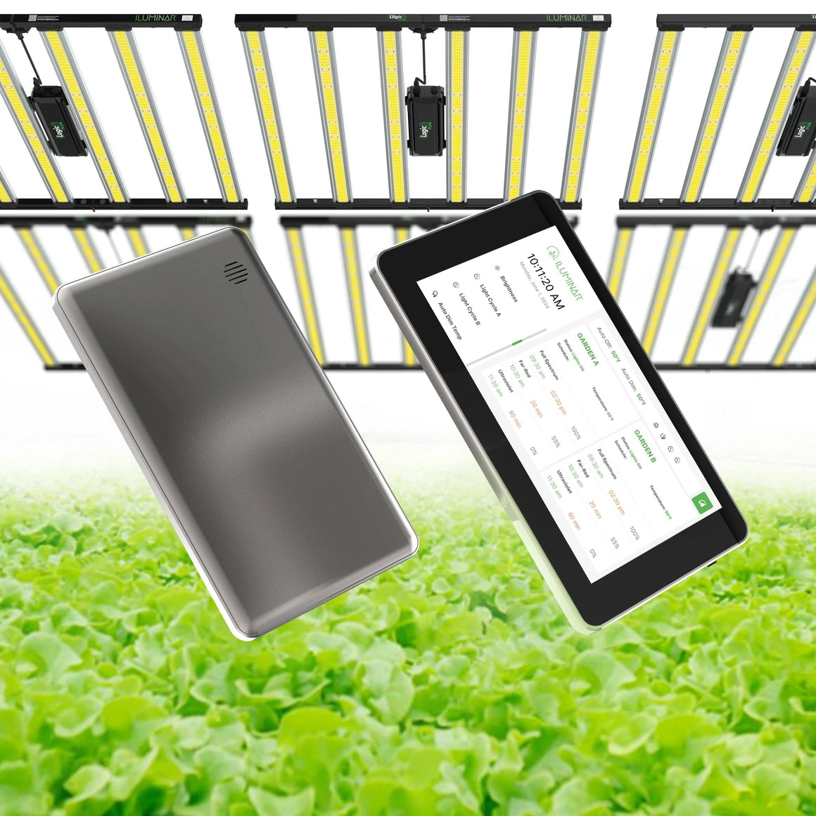 ILUMINAR LED grow lights, Logic PLUS controller, tablet with garden control interface, grey device, and green lettuce plants.