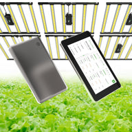 ILUMINAR LED grow lights, Logic PLUS controller, tablet with garden control interface, grey device, and green lettuce plants.