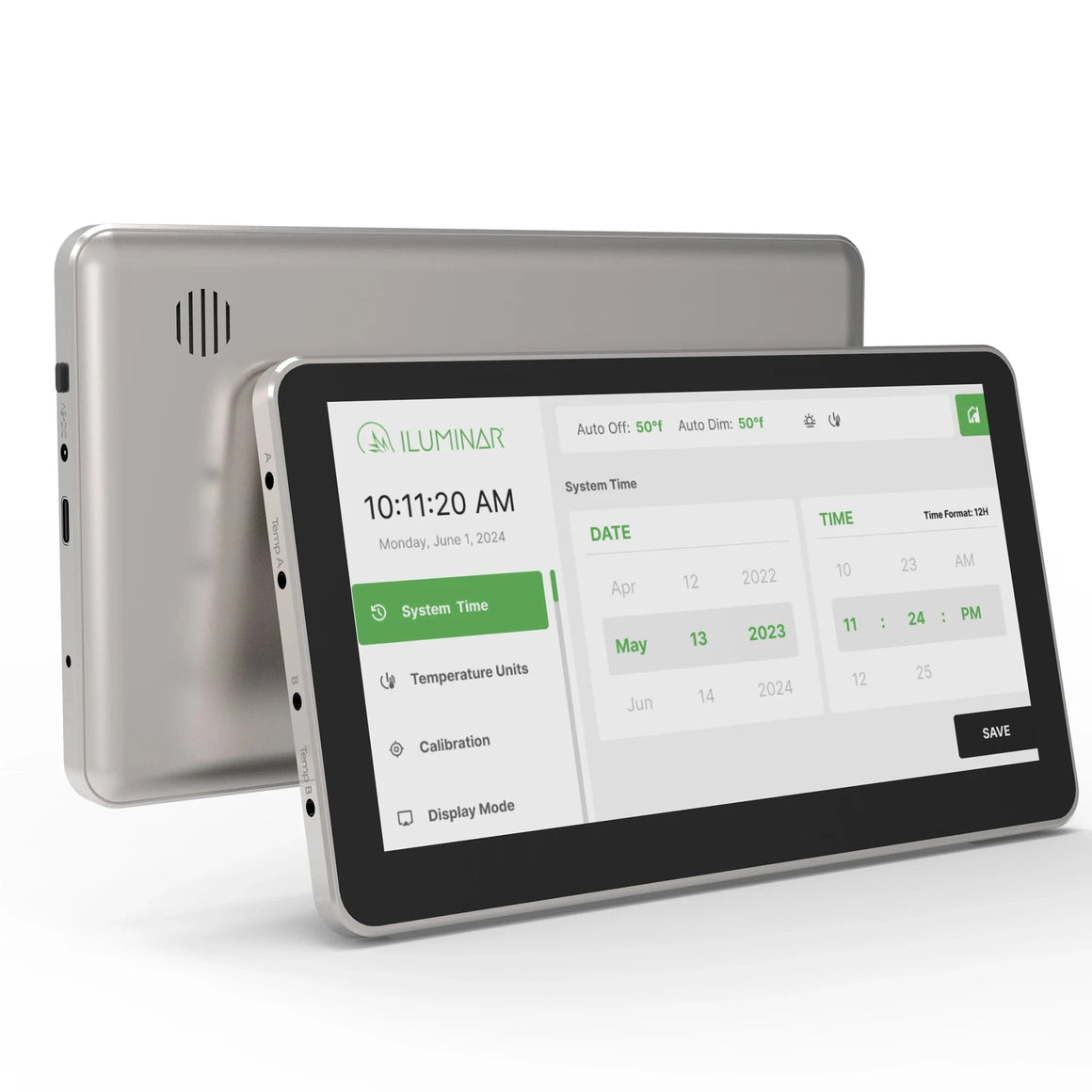 Silver ILUMINAR iLogic Plus RS-485 controller tablet with touchscreen UI for date/time, temperature, and display settings.