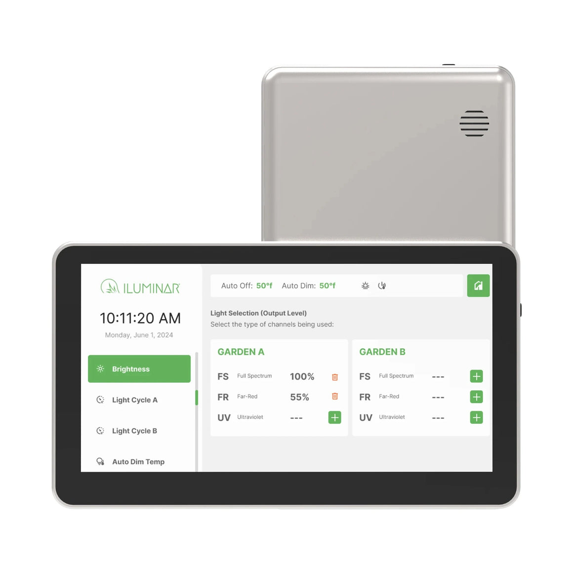 ILUMINAR iLogic Plus RS-485 controller screen showing settings for full spectrum, far-red, UV grow lights & temp control.