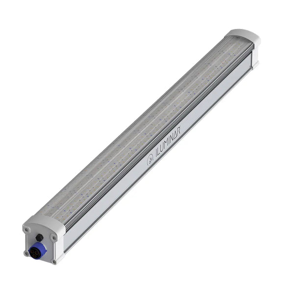 Long silver ILUMINAR LED grow light fixture with white end caps and blue connector on a white background.